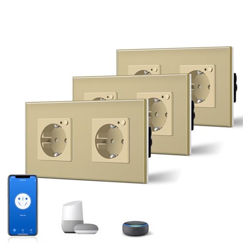 BSEED Schuko Wifi Steckdose 16A Smart Alexa Glassteckdose, 3 er Pack Doppelsteckdose 2 Weg Gold 157mm Unterputz-Installation APP-Steuerung Arbeit mit Alexa/Google Home DIY Free Spin Nur 2.4 GHz BSEED Schuko Wifi Steckdose 16A Smart Alexa Glassteckdose, 3 er Pack Doppelsteckdose 2 Weg Gold 157mm Unterputz-Installation APP-Steuerung Arbeit mit Alexa/Google Home DIY Free Spin Nur 2.4 GHz von BSEED