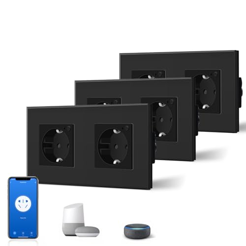 BSEED Schuko Wifi Steckdose 16A Smart Alexa Glassteckdose, 3 er Pack Doppelsteckdose 2 Weg Schwarz 157mm Unterputz-Installation APP-Steuerung Arbeit mit Alexa/Google Home DIY Free Spin Nur 2.4 GHz von BSEED