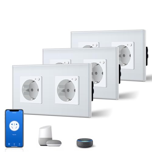 BSEED Schuko Wifi Steckdose 16A Smart Alexa Glassteckdose, 3 er Pack Doppelsteckdose 2 Weg Weiß 157mm Unterputz-Installation APP-Steuerung Arbeit mit Alexa/Google Home DIY Free Spin Nur 2.4 GHz von BSEED