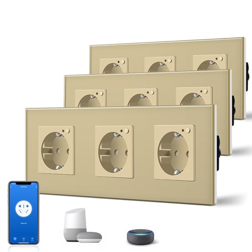 BSEED Schuko Wifi Steckdose 16A Smart Alexa Glassteckdose, 3 er Pack Dreifachsteckdose 3 Weg Gold 228mm Unterputz-Installation APP-Steuerung Arbeit mit Alexa/Google Home DIY Free Spin Nur 2.4 GHz von BSEED