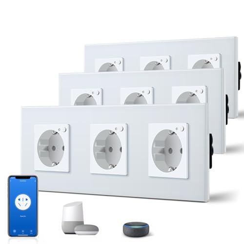 BSEED Schuko Wifi Steckdose 16A Smart Alexa Glassteckdose, 3 er Pack Dreifachsteckdose 3 Weg Weiß 228mm Unterputz-Installation APP-Steuerung Arbeit mit Alexa/Google Home DIY Free Spin Nur 2.4 GHz von BSEED