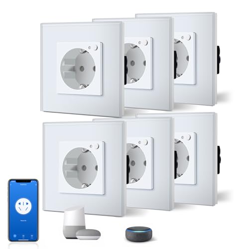 BSEED Schuko Wifi Steckdose 16A Smart Alexa Glassteckdose, 6 Pack 1 Weg Weiß 86mm Unterputz-Installation APP-Steuerung Arbeit mit Alexa/Google Home DIY Free Spin Nur 2.4 GHz von BSEED