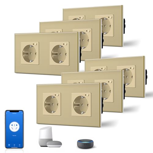 BSEED Schuko Wifi Steckdose 16A Smart Alexa Glassteckdose, 6 er Pack Doppelsteckdose 2 Weg Gold 157mm Unterputz-Installation APP-Steuerung Arbeit mit Alexa/Google Home DIY Free Spin Nur 2.4 GHz BSEED Schuko Wifi Steckdose 16A Smart Alexa Glassteckdose, 6 er Pack Doppelsteckdose 2 Weg Gold 157mm Unterputz-Installation APP-Steuerung Arbeit mit Alexa/Google Home DIY Free Spin Nur 2.4 GHz von BSEED