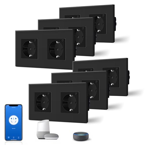 BSEED Schuko Wifi Steckdose 16A Smart Alexa Glassteckdose, 6 er Pack Doppelsteckdose 2 Weg Schwarz 157mm Unterputz-Installation APP-Steuerung Arbeit mit Alexa/Google Home DIY Free Spin Nur 2.4 GHz von BSEED