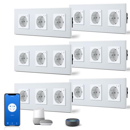 BSEED Schuko Wifi Steckdose 16A Smart Alexa Glassteckdose, 6 er Pack Dreifachsteckdose 3 Weg Weiß 228mm Unterputz-Installation APP-Steuerung Arbeit mit Alexa/Google Home DIY Free Spin Nur 2.4 GHz von BSEED