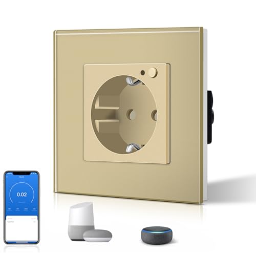 BSEED Schuko Wifi Steckdose Unterputz mit Energieüberwachung 16A Smart Alexa Glassteckdose, APP-Steuerung Arbeit mit Alexa/Google Home Stromverbrauch messen, Zeitpläne, Timer, Nur 2.4 GHz Gold von BSEED