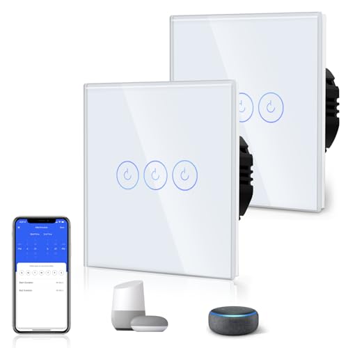 BSEED Smart Alexa 3 Fach 1 Weg WiFi Schalter, 2er-Pack Glas Touchscreen Wandlichtschalter Weiß, Multi-Control Association, Google/Apps kompatibel (Neutralleiter Erforderlich) von BSEED