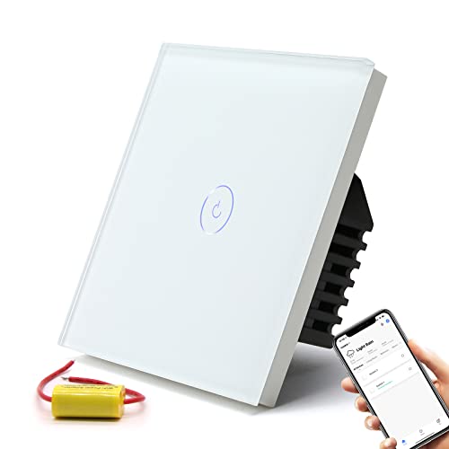 BSEED Smart Alexa Lichtschalter,1 Fach Smart Lichtschalter arbeitet mit Alexa und Google Home,Glas Touchscreen Schalter mit Smart Life APP Steuerung und Timing-Funktion Weiß(NO neutraler Draht) von BSEED