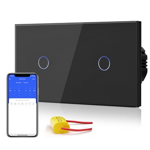 BSEED Smart Alexa Lichtschalter,157mm Double Single Live WiFi Touch Wandlichtschalter,Neutralleiter nicht Erforderlich, 1 Fach 1-Weg Tuya/Google-kompatible Glasscheibe Schwarz von BSEED