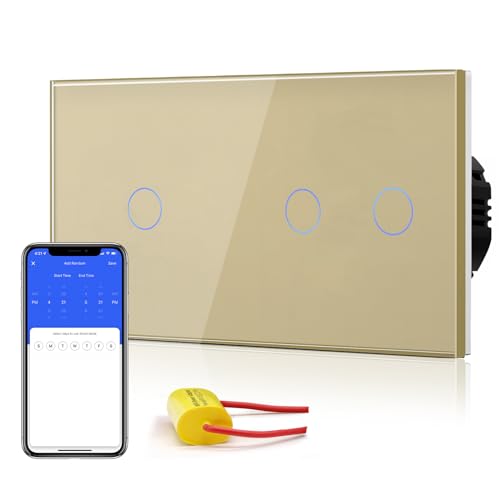 BSEED Smart Alexa Lichtschalter,157mm Double Single Live WiFi Touch Wandlichtschalter,Neutralleiter nicht Erforderlich, 1 Fach und 2 Fach 1 Weg Tuya/Google-kompatible GlasscheibeGold BSEED Smart Alexa Lichtschalter,157mm Double Single Live WiFi Touch Wandlichtschalter,Neutralleiter nicht Erforderlich, 1 Fach und 2 Fach 1 Weg Tuya/Google-kompatible GlasscheibeGold von BSEED