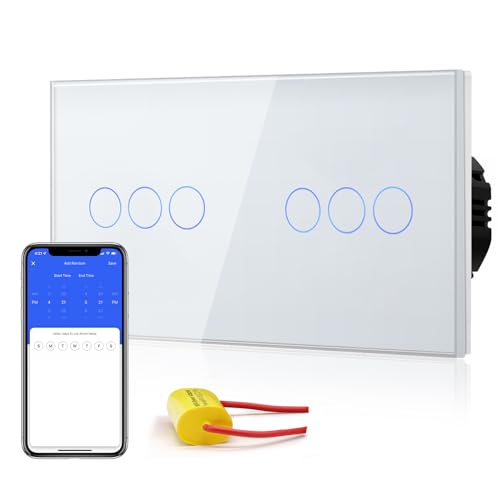 BSEED Smart Alexa Lichtschalter,157mm Double Single Live WiFi Touch Wandlichtschalter,Neutralleiter nicht Erforderlich, 3-Fach 1-Weg Tuya/Google-kompatible Glasscheibe Weiß von BSEED