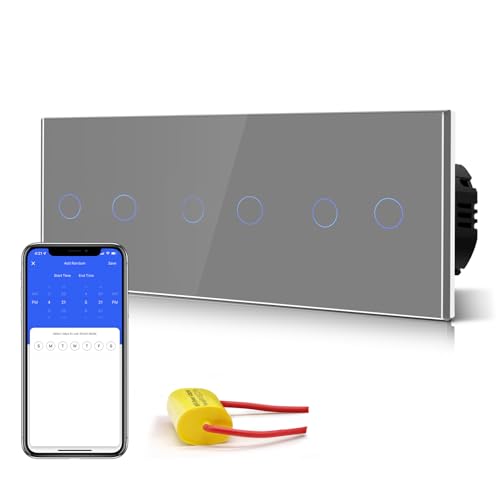 BSEED Smart Alexa Lichtschalter,228mm 3 Fach Single Live WiFi Touch Wandlichtschalter,Neutralleiter nicht Erforderlich, 2 Fach 1-Weg Tuya/Google-kompatible Glasscheibe Grau von BSEED