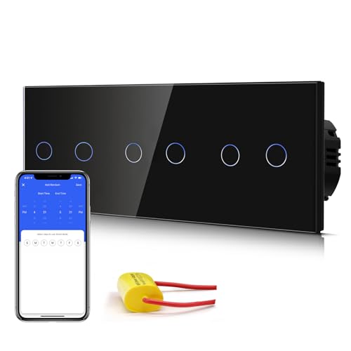 BSEED Smart Alexa Lichtschalter,228mm 3 Fach Single Live WiFi Touch Wandlichtschalter,Neutralleiter nicht Erforderlich, 2 Fach 1-Weg Tuya/Google-kompatible Glasscheibe Schwarz von BSEED