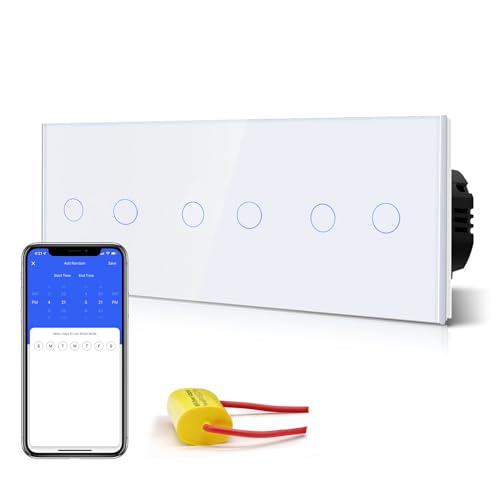 BSEED Smart Alexa Lichtschalter,228mm 3 Fach Single Live WiFi Touch Wandlichtschalter,Neutralleiter nicht Erforderlich, 2-Fach 1-Weg Tuya/Google-kompatible Glasscheibe Weiß von BSEED