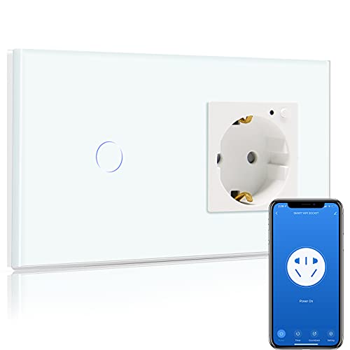 BSEED Smart Alexa Lichtschalter,WIFI Lichtschalter mit Steckdose Kompatibel mit Alexa,Google Home, Glas Touchscreen-schalter,Smart Lichtschalter 1 Fach 1 Weg Weiß(Neutrale Leitung benötigt) von BSEED