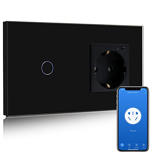 BSEED Smart Alexa Lichtschalter,WIFI Lichtschalter mit Steckdose Kompatibel mit Alexa,Google Home,Glas Touchscreen-schalter,Smart Lichtschalter 1 Fach 1 Weg Schwarz(Neutrale Leitung benötigt) von BSEED