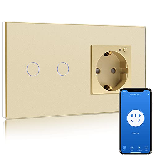 BSEED Smart Alexa Lichtschalter,WIFI Lichtschalter mit Steckdose Kompatibel mit Alexa,Google Home,Glas Touchscreen-schalter,Smart Lichtschalter 2 Fach 1 Weg Gold(Neutrale Leitung benötigt) von BSEED
