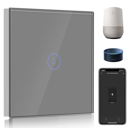 BSEED Smart Lichtschalter 1 Fach 1 Weg Wifi Smart Lichtschalter arbeitet mit Amazon Alexa and Google Home,Touch Wandschalte Glas Touchscreen-schalter Grau(Erforderlich NeutralDraht) von BSEED