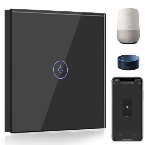 BSEED Smart Alexa Lichtschalter 1 Fach 1 Weg Wifi Smart Lichtschalter arbeitet mit Amazon Alexa and Google Home,Touch Wandschalte Glas Touchscreen-schalter Schwarz(Erforderlich NeutralDraht) von BSEED