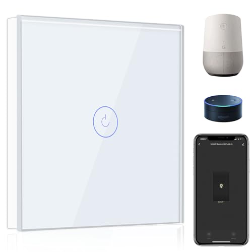 BSEED Smart Alexa Lichtschalter 1 Fach 1 Weg Wifi Smart Lichtschalter arbeitet mit Amazon Alexa and Google Home,Touch Wandschalte Glas Touchscreen-schalter Weiß(Erforderlich NeutralDraht) von BSEED