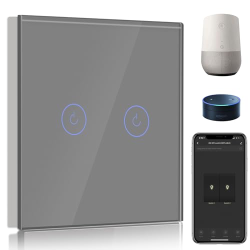 BSEED Smart Lichtschalter 2 Fach 1 Weg Wifi Smart Lichtschalter arbeitet mit Amazon Alexa and Google Home,Touch Wandschalte Glas Touchscreen-schalter Grau(Erforderlich NeutralDraht) von BSEED