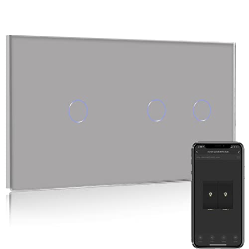 BSEED Smart Alexa Lichtschalter 2 Fach 2 Wege +1 Fach 2 Wege Wifi Smart Lichtschalter arbeitet mit Amazon Alexa and Google Home,Glas Touchscreen-schalter Grau(Erforderlich Neutral Draht)157mm von BSEED