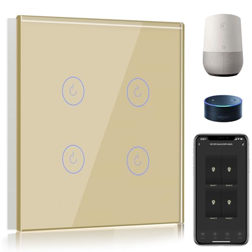 BSEED Smart Alexa Lichtschalter 4 Fach 1 Weg Wifi Smart Lichtschalter arbeitet mit Amazon Alexa and Google Home, Unterputz Lichtschalter Glas Wandschalter Golden (Nullleiter Erforderlich) von BSEED