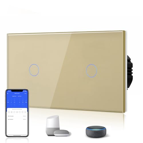 BSEED Smart Alexa Lichtschalter Double WiFi Touch Wandlichtschalter 1 Fach 1-Weg (Neutralstrom Erforderlich) Alexa/Tuya/Google Home-kompatible Glasscheibe 157 * 86 Gold von BSEED