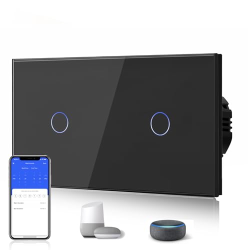 BSEED Doppelschalter Smart Alexa Lichtschalter aus Glas, WiFi Touch Wandschalter 1 Fach 1 Weg (Neutralleiter Erforderlich), Alexa/Tuya/Google Home-kompatible 157mm * 86mm Schwarz von BSEED