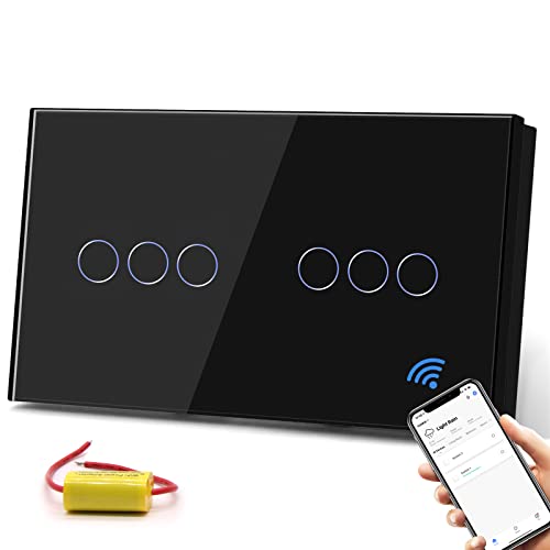 BSEED Smart Alexa Lichtschalter Kompatibel mit Alexa,Google Home, Glas Touchscreen-schalter,Smart 3 Fach 1 Weg +3 Fach 1 Weg Lichtschalter Schwarz (kein Neutralleiter benötigt) von BSEED