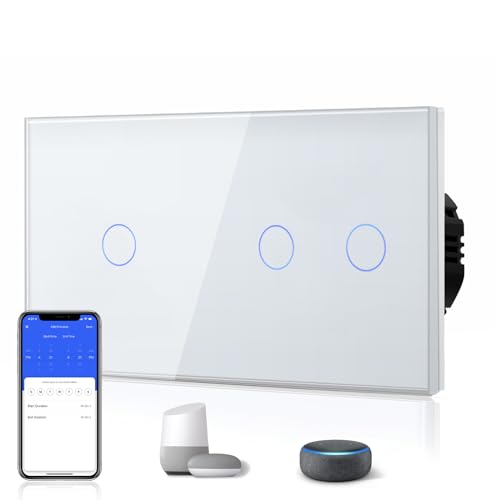 BSEED Smart Alexa Lichtschalter aus Glas, WiFi Touch Wandschalter 1 Fach 1 Weg+ 2 Fach 1 Weg (Neutralleiter Erforderlich), Alexa/Tuya/Google Home-kompatible 157mm * 86mm Weiß von BSEED