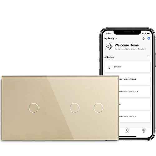 BSEED Smart Alexa Lichtschalter aus Glas, WiFi Touch Wandschalter 2 Fach 1 Weg+ 1 Fach 1 Weg (Neutralleiter Erforderlich), Alexa/Tuya/Google Home-kompatible 157mm * 86mm Gold von BSEED