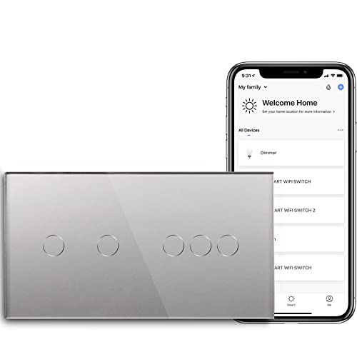BSEED Smart Alexa Lichtschalter Touch 2-Fach und 3-Fach 1-Weg (Neutralleiter Erforderlich) Alexa/Tuya/Google Home-kompatible aus Glas 157 * 86 Grau von BSEED