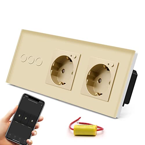 BSEED Smart Alexa Lichtschalter mit Doppelt Steckdose,Unterputz Senkrecht Alexa Glas Schuko Verlängerungssteckdosen,Single Live Wifi Touch Lichtschalter 3 Fach 1 Weg Gold BSEED Smart Alexa Lichtschalter mit Doppelt Steckdose,Unterputz Senkrecht Alexa Glas Schuko Verlängerungssteckdosen,Single Live Wifi Touch Lichtschalter 3 Fach 1 Weg Gold von BSEED