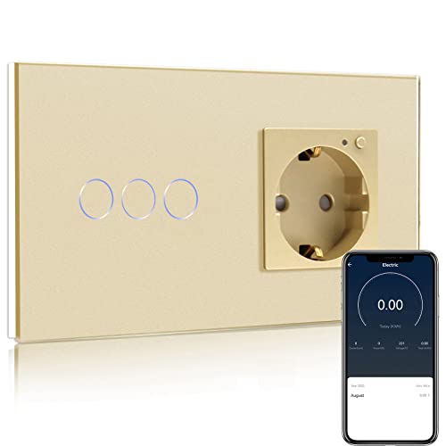 BSEED Smart Alexa Lichtschalter mit Intelligente Steckdose, Steckdose mit Verbrauchsmessung, Smart Lichtschalter 3 Fach 1 Weg Kompatibel mit Alexa,Google Home Golden(Nullleiter benötigt) von BSEED