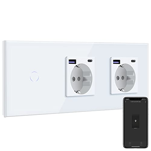 BSEED Smart Alexa Lichtschalter mit Steckdose, Doppel Schuko Unterputz Steckdose mit USB C 20W Schnellladegerät USB Type C, 1 Fach 1 Weg Wlan Schalter mit Glas Panel Geeignet für iPhone, iPad Weiß von BSEED