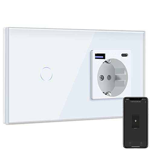BSEED Smart Alexa Lichtschalter mit Steckdose Schuko Unterputz Steckdose mit USB C 20W Schnellladegerät USB Type C 1 Fach 1 Weg Wandsteckdose mit Glas Panel Geeignet für Phone, Pad, MP3 und mehr Weiß BSEED Smart Alexa Lichtschalter mit Steckdose Schuko Unterputz Steckdose mit USB C 20W Schnellladegerät USB Type C 1 Fach 1 Weg Wandsteckdose mit Glas Panel Geeignet für Phone, Pad, MP3 und mehr Weiß von BSEED