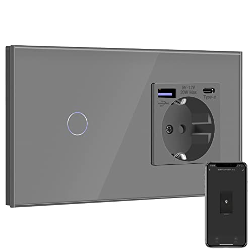 BSEED Smart Alexa Lichtschalter mit Steckdose Schuko Unterputz Steckdose mit USB C 20W Schnellladegerät USB Type C 1 Fach 1 Weg Wandsteckdose mit Glas Panel Geeignet für iPhone, iPad, Galaxy Grau von BSEED