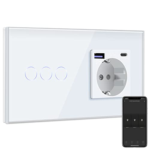 BSEED Smart Alexa Lichtschalter mit Steckdose Schuko Unterputz Steckdose mit USB C 20W Schnellladegerät USB Type C 3 Fach 1 Weg Wandsteckdose mit Glas Panel Geeignet für iPhone, iPad, Galaxy Weiß von BSEED