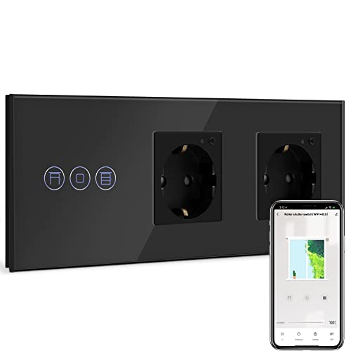 BSEED Smart Alexa Rolladenschalter,WIFI Jalousieschalter mit Steckdose Kompatibel mit Alexa,Google Home, Glas Touch Schalter,Schuko 16Amp Doppel Steckdose Schwarz (Nullleiter erforderlich) von BSEED