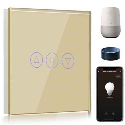 BSEED Smart Dimmer Lichtschalter 1 Fach 1 Weg Wifi Smart Led Dimmer Lichtschalter arbeitet mit Amazon Alexa,Touch Wandschalter Glas Touchscreen-schalter Gold(Erforderlich NeutralDraht) von BSEED