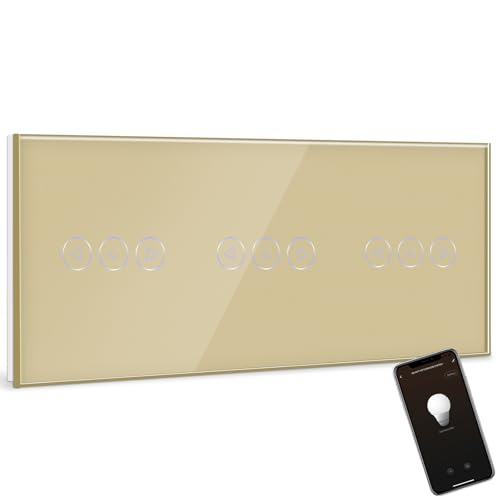 BSEED Smart Dimmer Lichtschalter Tripel 1 Fach 1 Weg Wifi Smart Led Dimmer Lichtschalter arbeitet mit Alexa,Touch Lichtschalter Glas Touchscreen-schalter Gold(Neutralleiter Erforderlich) von BSEED