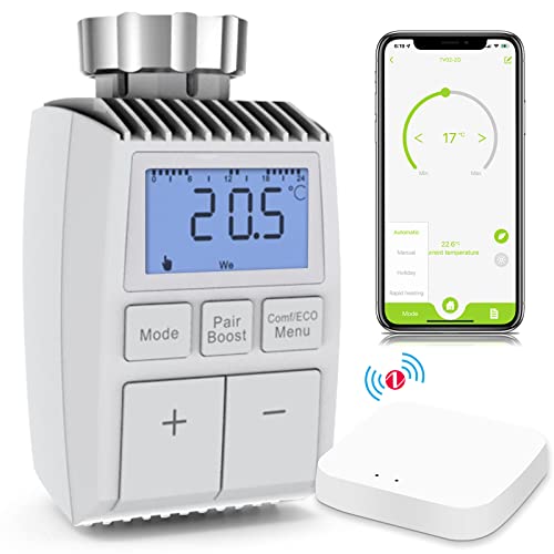 BSEED Smart Heizkörperthermostat, ZigBee intelligente Heizungssteuerung mit Tuya Smart Gateway Hub, per Tuya App und Smart Life, arbeitet mit Alexa und Google Home Weiß (Tuya Hub enthalten) von BSEED