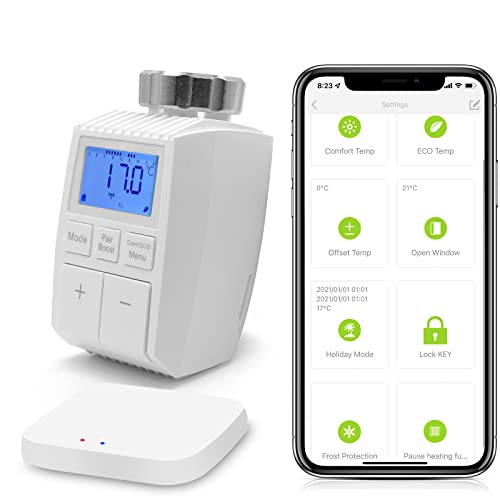 BSEED Smart Home 1er Pack Wifi Thermostat Heizung mit Zigbee Hub Heizkörperthermostat ECO Heizkosten sparen Heizkörperthermostatventil Alexa Google Home Tuya kompatibel LCD-Display ohne Batterien von BSEED