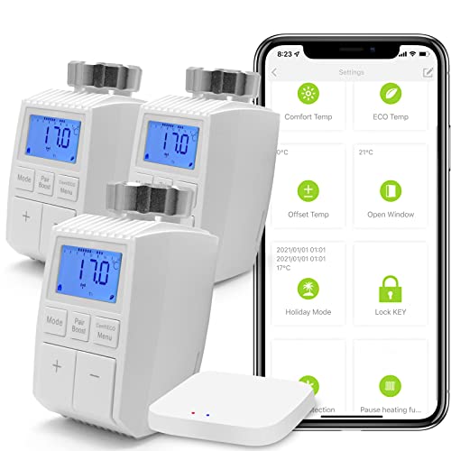 BSEED Smart Home 3er Pack WiFi Thermostat Heizung mit Zigbee Hub Heizkörperthermostat ECO Heizkosten sparen Heizkörperthermostatventil Alexa Google Home Tuya kompatibel LCD-Display ohne Batterien von BSEED