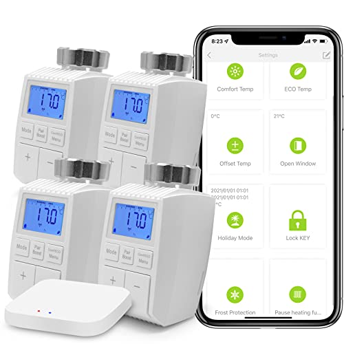 BSEED Smart Home 4er Pack WiFi Thermostat Heizung mit Zigbee Hub Heizkörperthermostat ECO Heizkosten sparen Heizkörperthermostatventil Alexa Google Home Tuya kompatibel LCD-Display ohne Batterien von BSEED