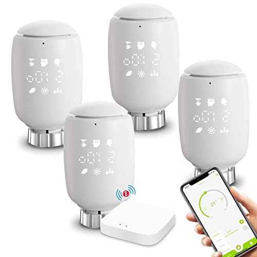 BSEED Smart Home Thermostat für Heizkörper, Heizungsthermostat, Heizkörperthermostat, Zigbee Schalter Heizungssteuerung per Tuya App, Smart Life mit Alexa und Google Home 4 Pack (Tuya Hub enthalten) von BSEED