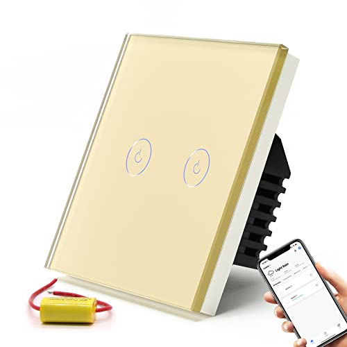 BSEED Smart Lichtschalter,2 Fach Smart Lichtschalter arbeitet mit Alexa und Google Home,Glas Touchscreen Schalter mit Smart Life APP Steuerung und Timing-Funktion Gold(NO neutraler Draht) von BSEED