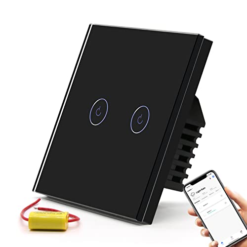 BSEED Smart Lichtschalter,2 Fach Smart Lichtschalter arbeitet mit Alexa und Google Home,Glas Touchscreen Schalter mit Smart Life APP Steuerung und Timing-Funktion Schwarz(NO neutraler Draht) von BSEED