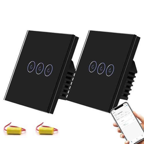 BSEED Smart Lichtschalter,3 Fach 2 Wege Smart Lichtschalter arbeitet mit Alexa und Google Home,Glas Touchscreen Schalter mit Smart Life APP Steuerung Schwarz(NO neutraler Draht) 2 Stück von BSEED